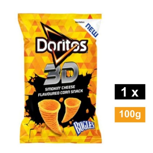 Picture of DORITOS 3D SMOKIN CHEESE FLAVOURED CORN SNACK BUGLES 100g