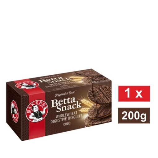 Picture of BAKERS BETTA SNACK MILK CHOCOLATE FLAVOURED WHOLEWHEAT DIGESTIVE BISCUITS 200g