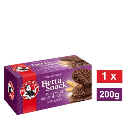 Picture of BAKERS BETTA SNACK CHOCOLATE & OATS FLAVOURED WHOLEWHEAT DIGESTIVE BISCUITS 200g