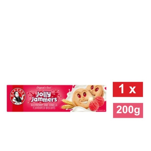 Picture of BAKERS JOLLY JAMMERS RASPBERRY & VANILLA FLAVOURED BISCUITS 200g