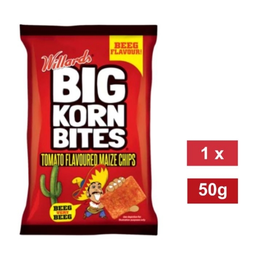 Picture of WILLARDS BIG KORN BITES TOMATO FLAVOURED MAIZE CHIPS 50g 
