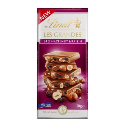 Picture of LINDT LES GRANDES 34% HAZELNUTS & RAISIN MILK CHOCOLATE SLAB 150g 