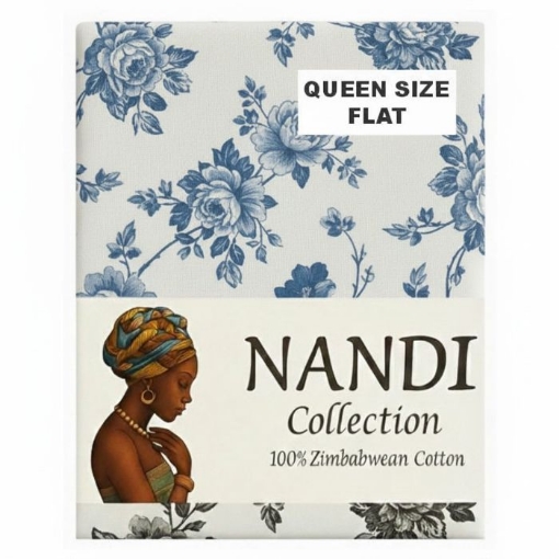 Picture of NANDI ROSA BLUE BED LINEN SET FLAT - QUEEN 100% COTTON